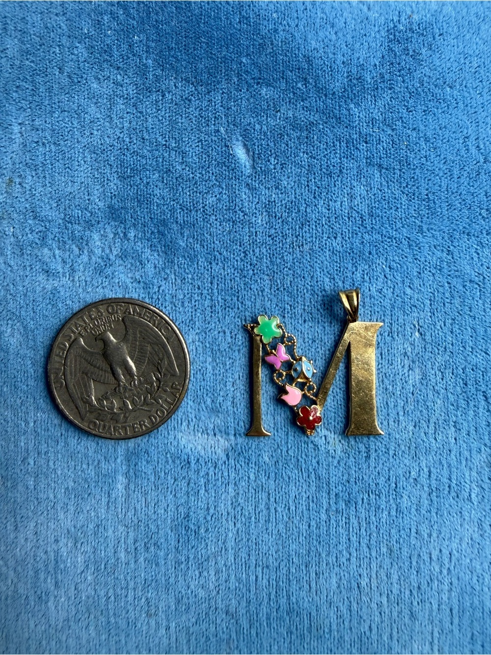14K Solid Gold Letter M Pendant with Multicolor Flower Accents with enamel
